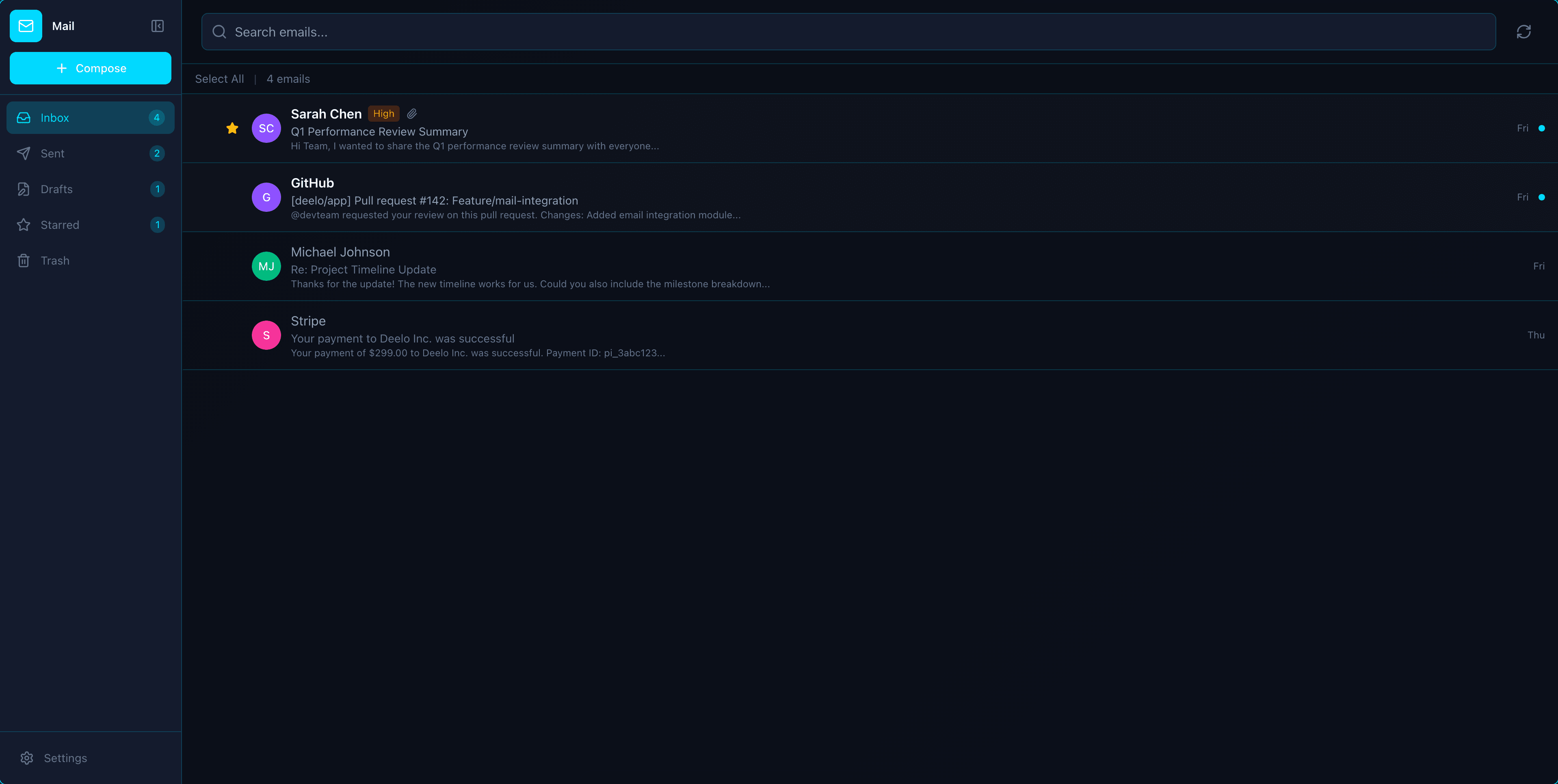 Mail app interface